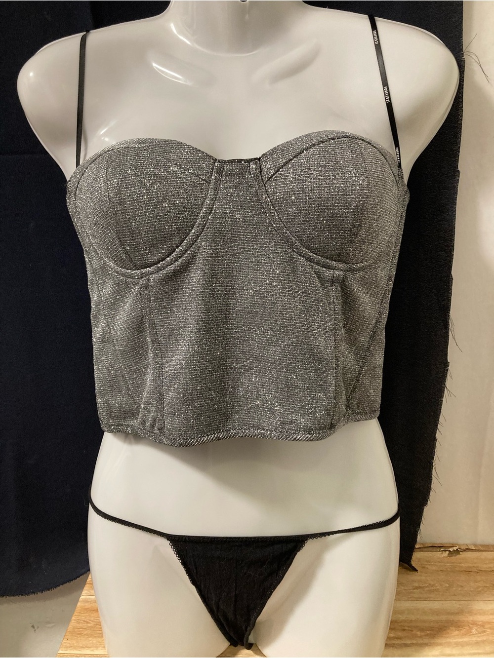 Forever 21 Silver Glitter Bustier Crop Top Strapless Party Club Size L